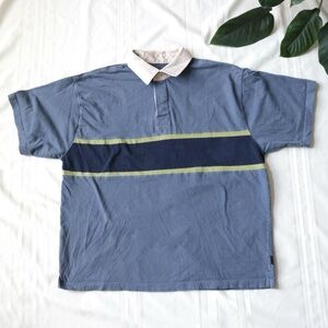 90's Blue polo cotton shirt with dark blue and green contrast stripe